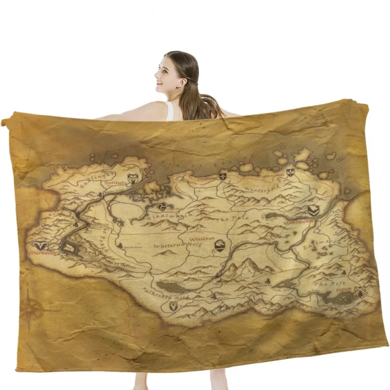 Skyrim Worn Parchment Map Throw Blanket Soft Velvet Blanket Travel Bedding Blanket