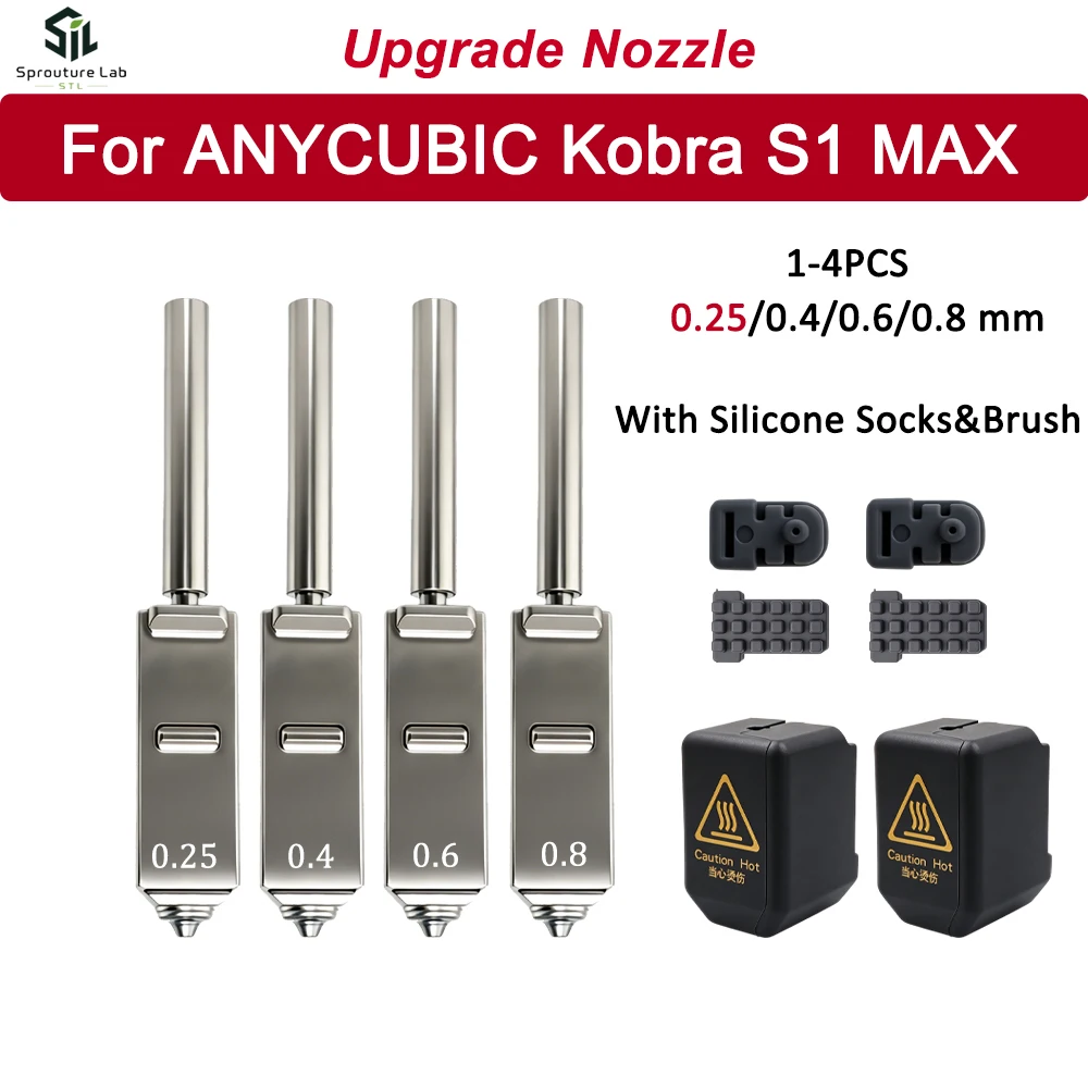 Für Anycubic Kobra S1 Max Düsenwischer aus gehärtetem Stahl 0,25/0,4/0,6/0,8mm Düsen-Kit mit Düsenwischer Silikonsocke 3D-Drucker