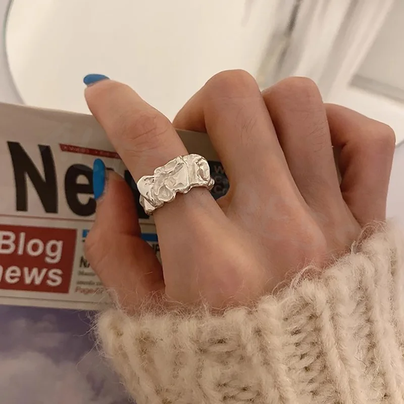 خاتم مفتوح فضي اللون للأزياء الراقية، تصميم هندسي غير منتظم، إكسسوار حفلات مثالي للنساء، فكرة هدية مثالية