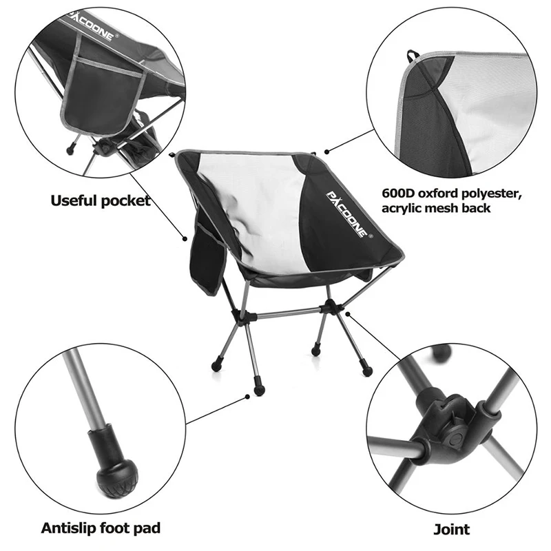 PACOONE Outdoor Camping Chairs Detachable Portable Folding Moon Chair Beach Fishing Chair Ultralight Hiking Picnic Seat Tools