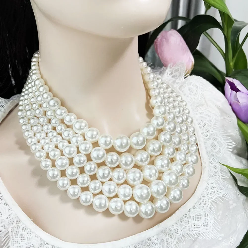 Multi-layer Pearl Necklace Earring Women Versatile Fashion Accessories Personalized Bride Wedding Jewelry Set Charm Exaggerated