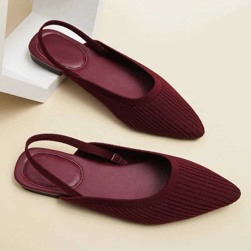 2022 Breathable Woven Fabric Sandals Woman Slingback Rear Strap Shoes Ladies Burgundy Flats Slippers 3D Stretch Polyester Loafer