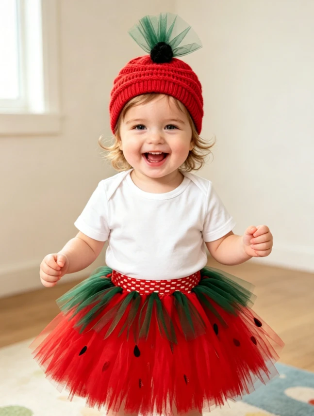 Toddler Strawberry Print Tutu Skirt With Hat Cute Baby For Girls Half Dress Birthday Festival Party Daily Casual Princess Outfit