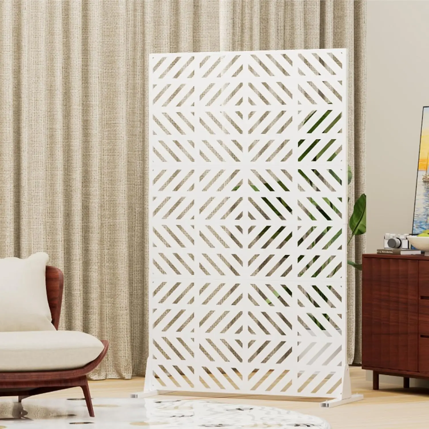 

Metal Privacy Screen for Outdoor 6FT Freestanding Privacy Screens, 72" H x 44" W White Fence Panels with Stand