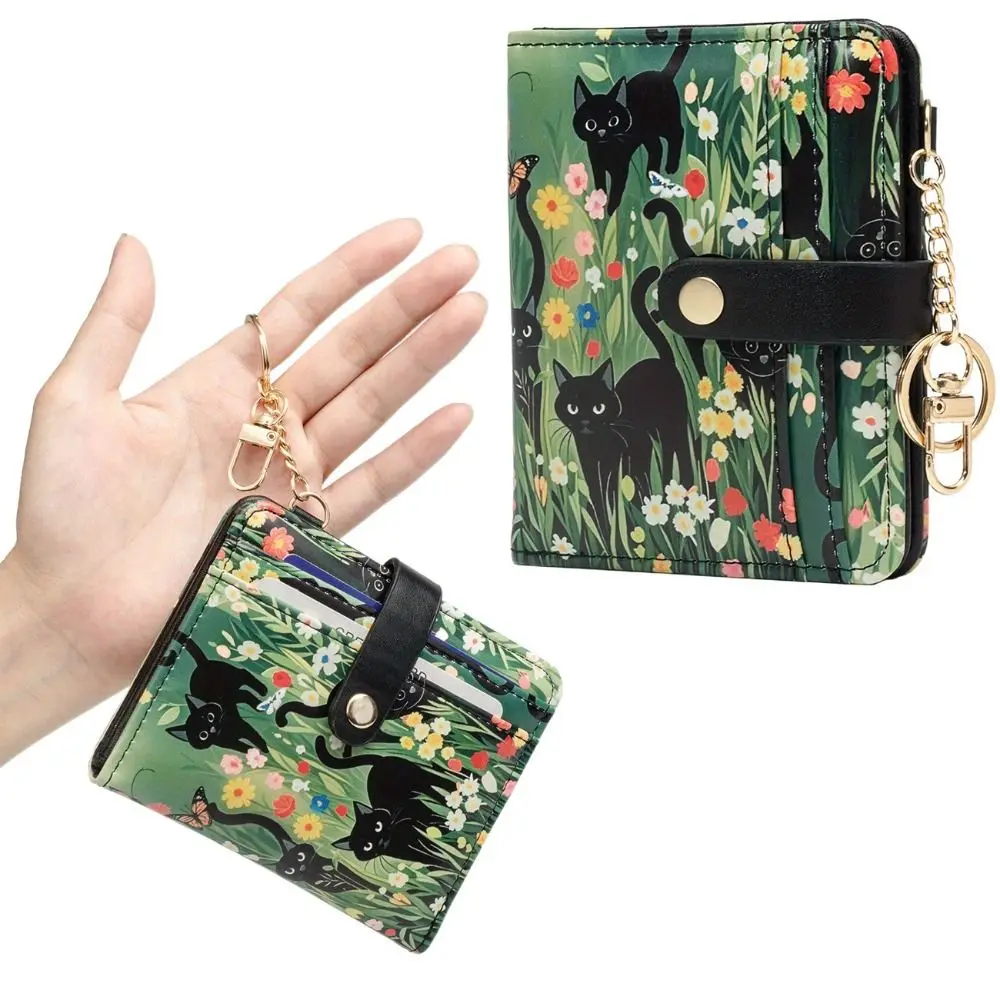 

Pretty RFID Card Holder Black Cat Floral PU Leather Women Wallet Multi-card Slot Compact Coin Purse Travel