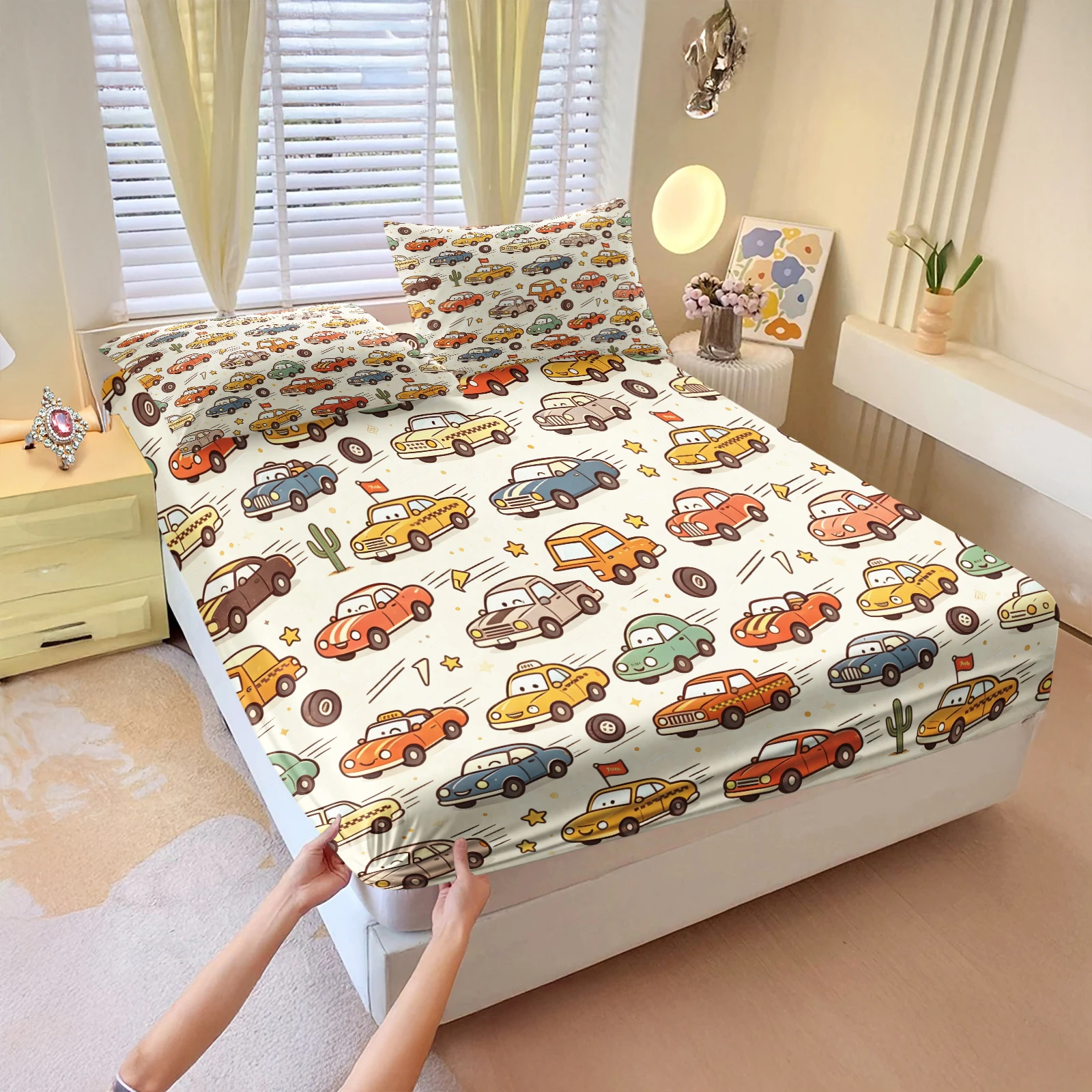 Vintage Cartoon Car Print Fitted Sheet Set Full Surround Elastic Deep Pocket Mattress Cover Retro Bed Sheet Home Bedding Decor