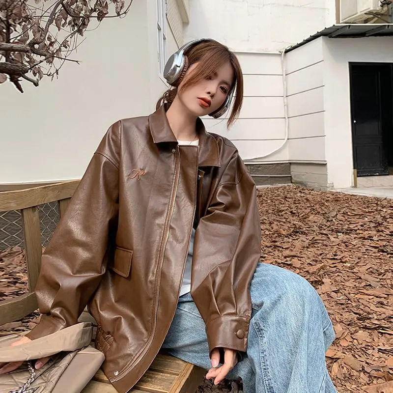 College Style PU Leather Jacket for Women 2025 Spring and Autumn New Loose Windproof Leather Jacket