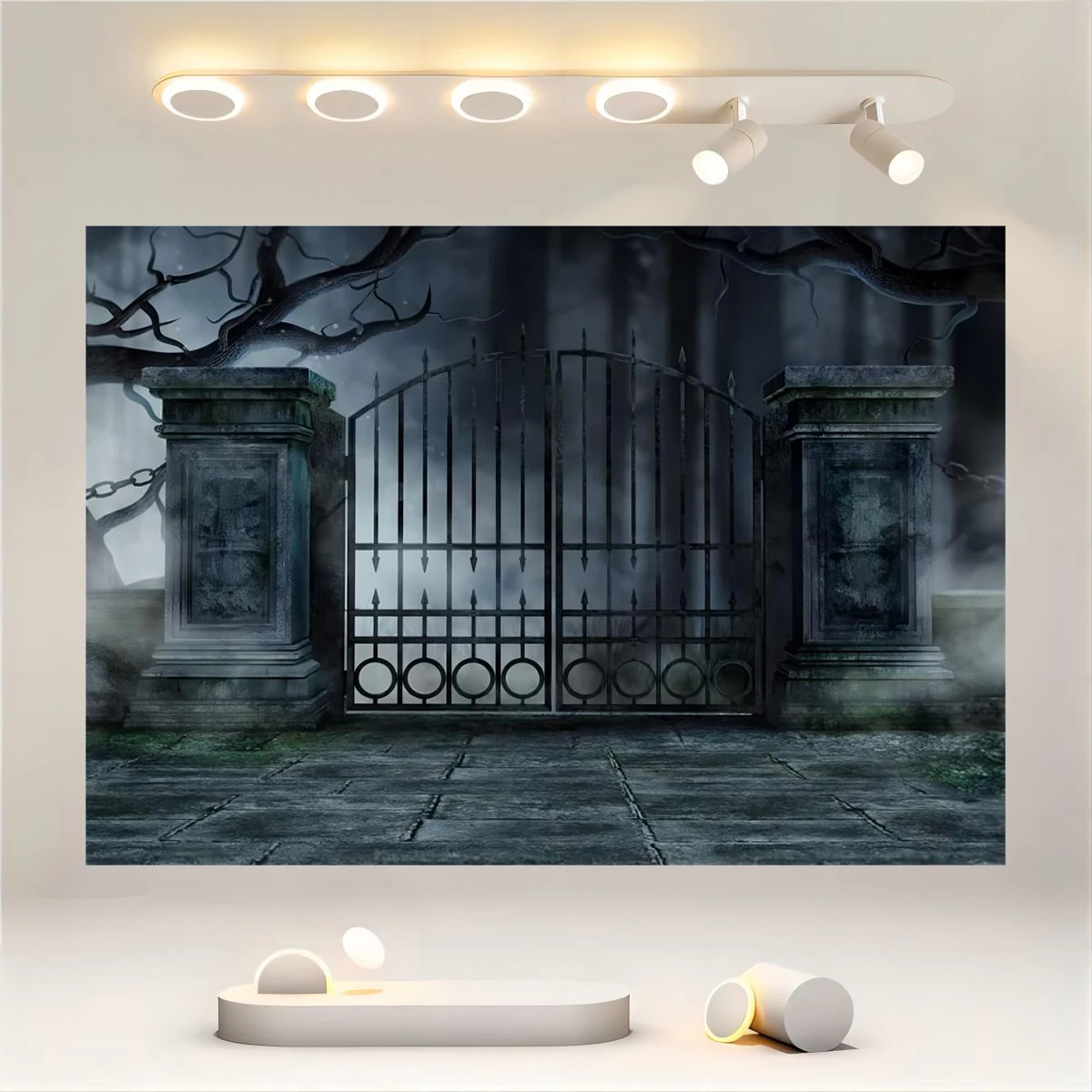 Ghosthouse, creepy cemetery entrance, withered wood mist castle, iron gate background, terrifying Halloween party decoration