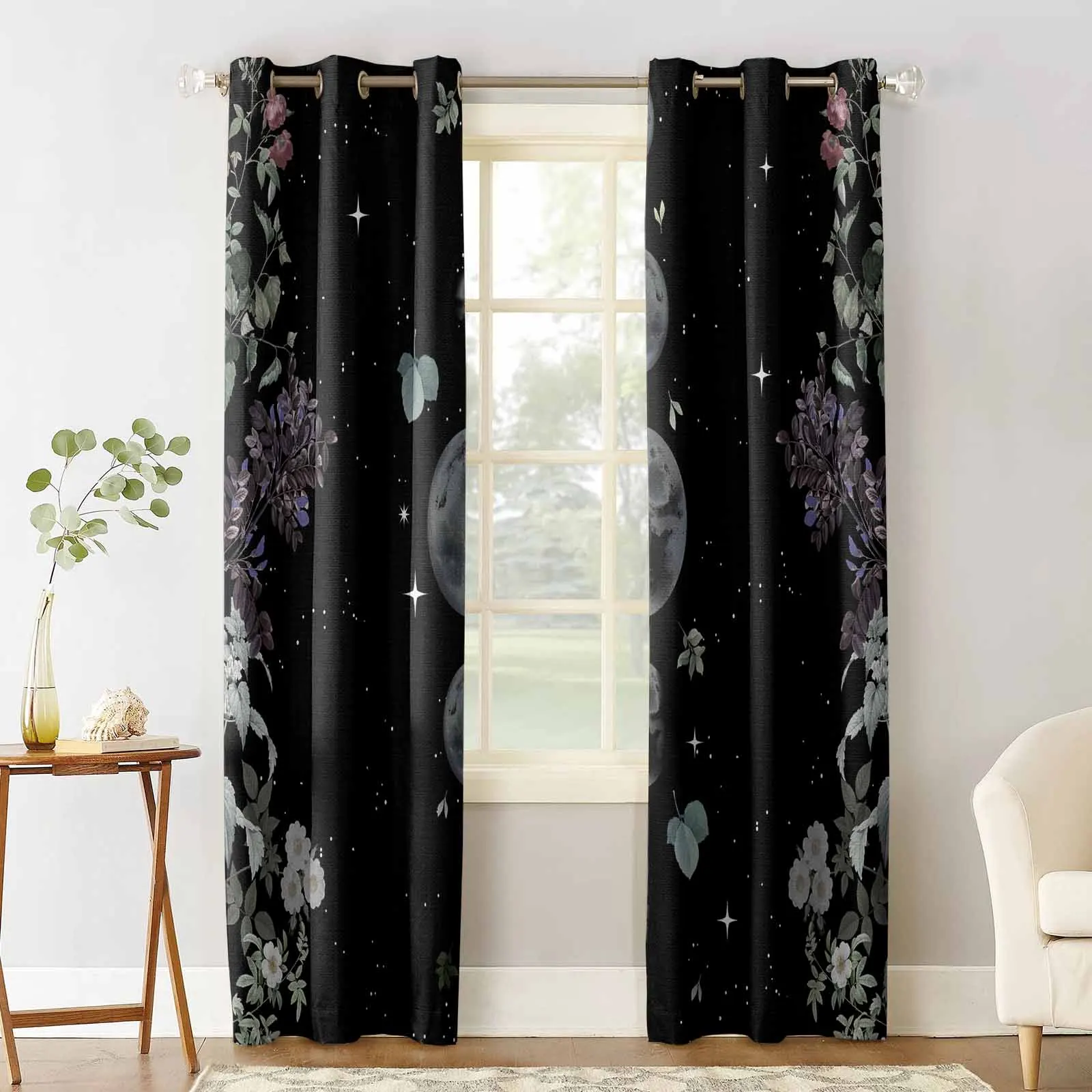 Lunar Flowers Plants Retro Stars Black Window Curtains for Living Room Kitchen Curtain Bedroom Decorative Window Treatments