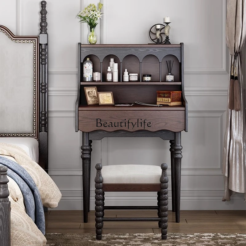 

French romantic retro pure solid wood dresser American small apartment bedroom furniture medieval makeup table
