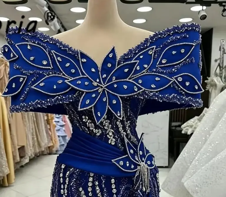 Floria Elegant Blue Mermaid Evening Dress Silver Beaded 3D Appliques Woman Formal Event Dresses Prom Dresses vestidos elegantes