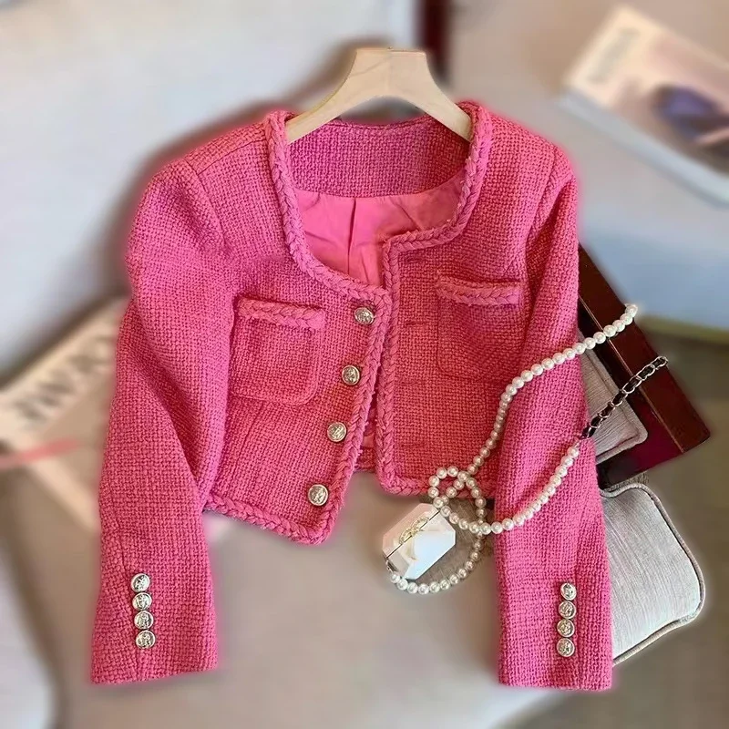 Giacca Blazer donna primavera autunno rosa bottoni in metallo abiti in Tweed grossolano cappotto vita alta OL Cardigan manica lunga Crop top 2023