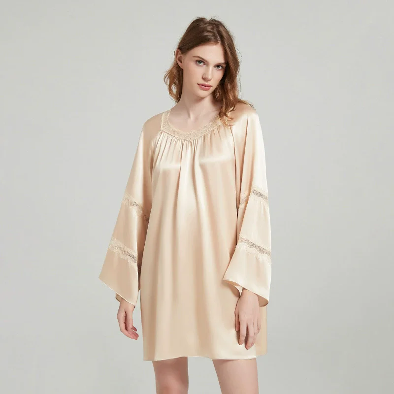 

Birdsky, 1PC Women A loose mini night dress sleep top diamond shape neck lace panel sleeve 6A 19MM 100% mulberry silk, S-1048