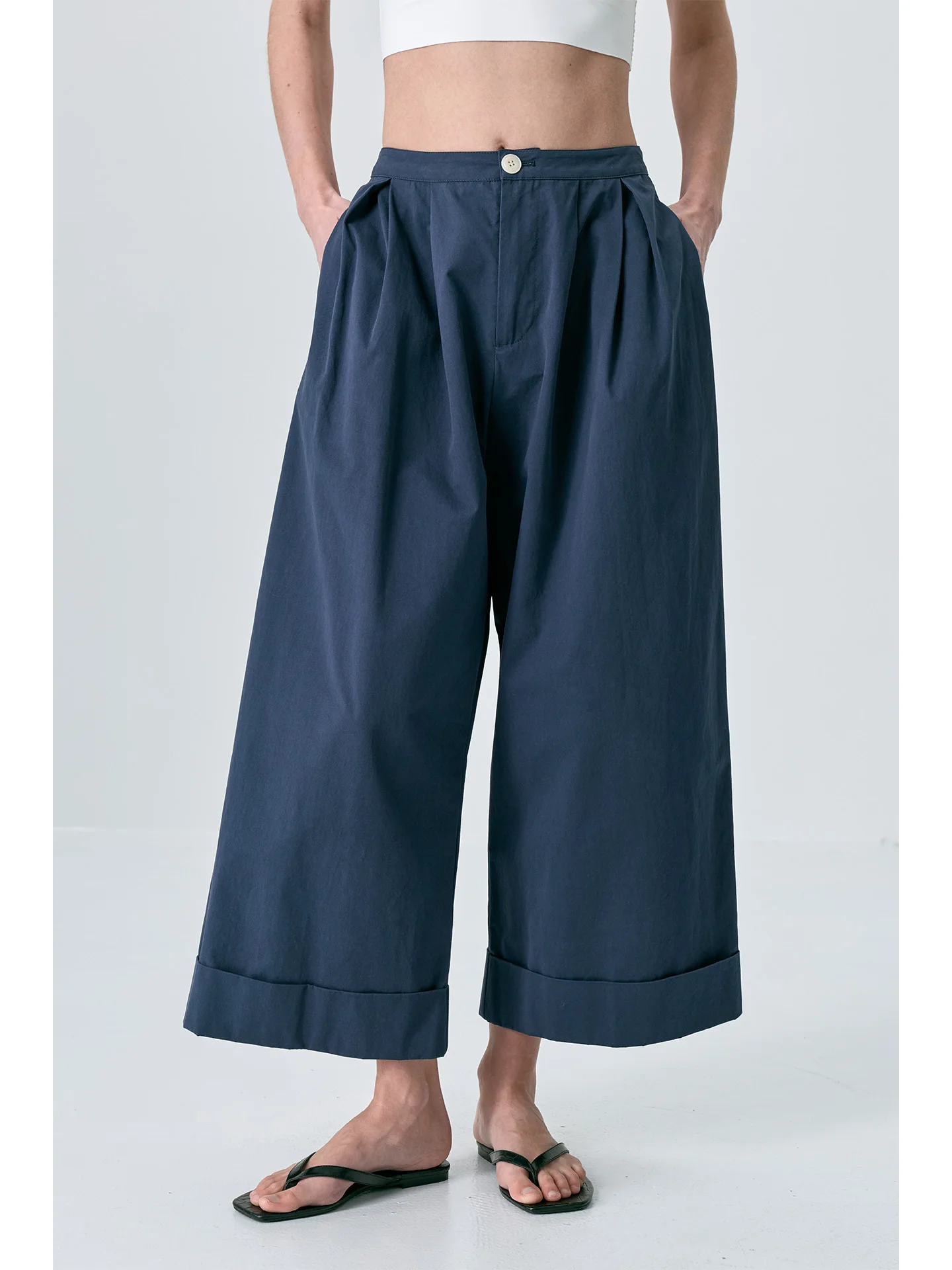 

Washed Cotton Wide Leg Pants Blue Cuffed Loose Fit Straight Cut Summer Slimming Casual Trousers for Women High Waist Zipper
