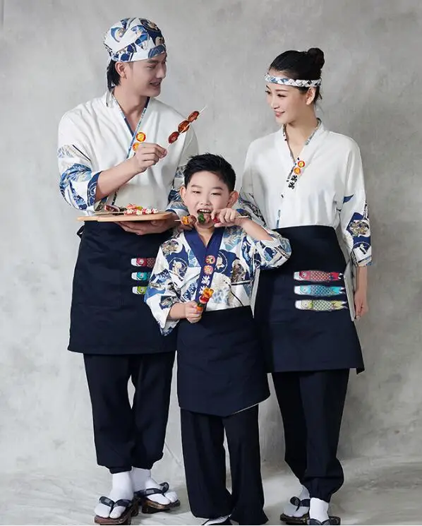 Japanese Style Kimono Men Women Sushi Chef Jacket Restaurant Waiter Kitchen Uniform Cuisine Work White