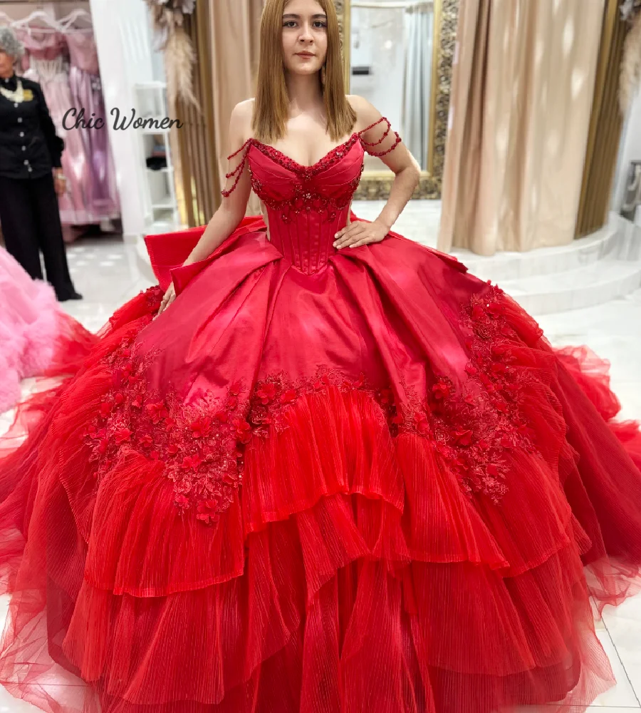 Vestidos de Quinceañera Rojos de Princesa, Vestido de Baile de Cuento de Hadas con Cuentas, Vestidos de 15 Años, Volantes, Encaje, Lazo, Vestido Dulce de 16 Años