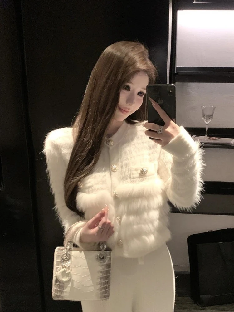 New Autumn Women Real Fox Fur Knitted Cardigan Jacket Luxury Fashion Knitting Sweater Coat Short Slim Female Top Clothing