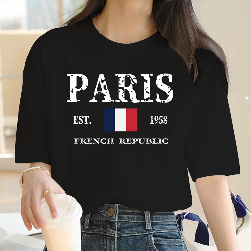 New Women\'s Short Sleeve T-Shirt Paris letter print Short Sleeve Top High Quality Women\'s Round Neck Trendy Short Sleeve