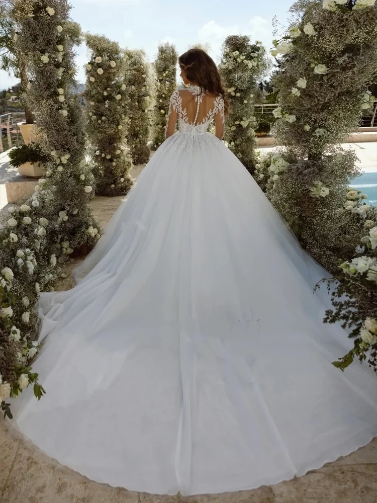 فساتين زفاف أنيقة حريرية من الأورجانزا مطرزة بالخرز وياقة عالية وأكمام طويلة تنانير الزفاف حسب الطلب #2