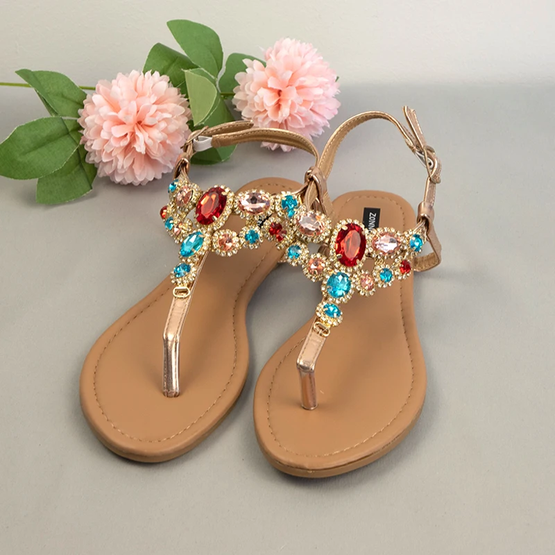 Luxury Woman Sandals 2023 Summer Gladiator Ladies Shoes Shiny Colorful Diamond Flat Heels  Large Size Women\'s Beach Flip Flops