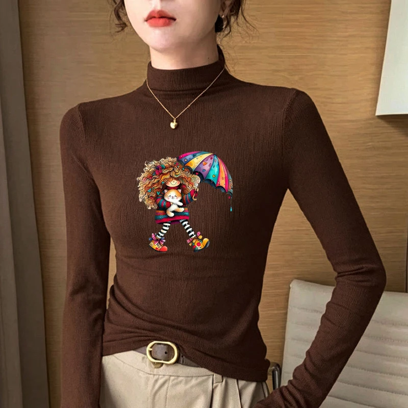 Winter Women's Thermal Brushed Fleece Half Mock Neck Long Sleeve T Shirt Rainbow Umbrella Girl Walking Cat Graphic Warm Tee