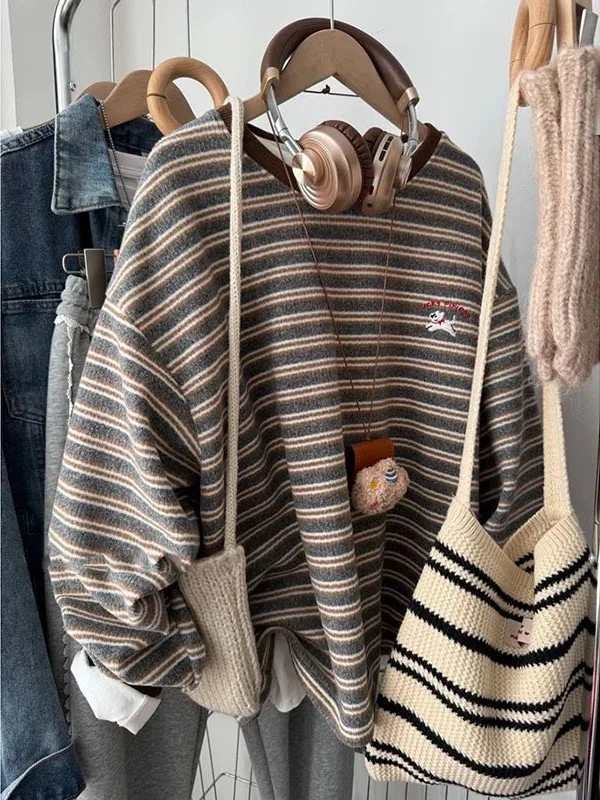 

plus Size 300 Pou Embroidered Dog Design Striped Sweatirt Women's Casual Autumn Winter Slimming Korean Sle Top