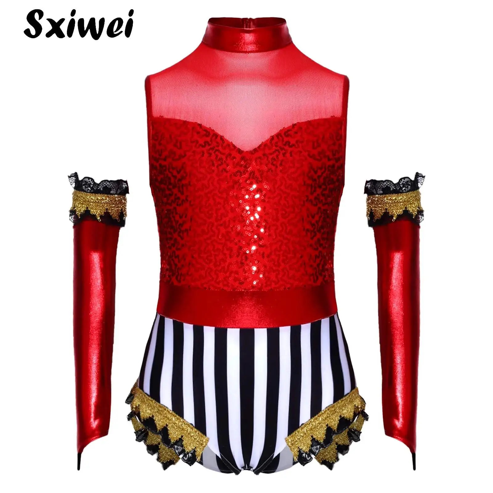 Girls Circus Ringmaster Clown Costume Shiny Sequin Mesh Leotard Jumpsuit with Metallic Gloves Halloween Magician Performance Set