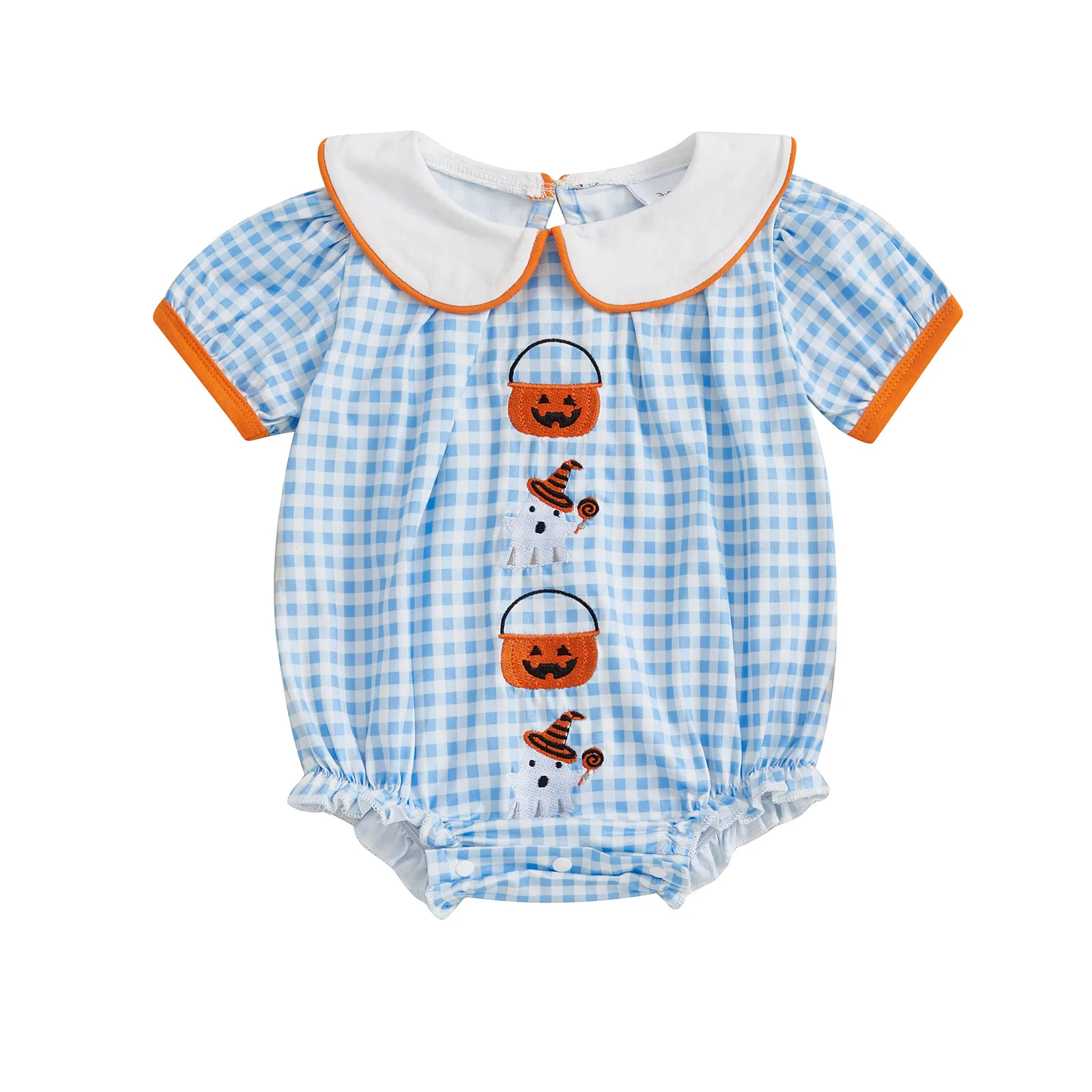 

Baby Halloween Romper Short Sleeve Doll Collar Plaid Print Romper Newborn Fall Playsuit