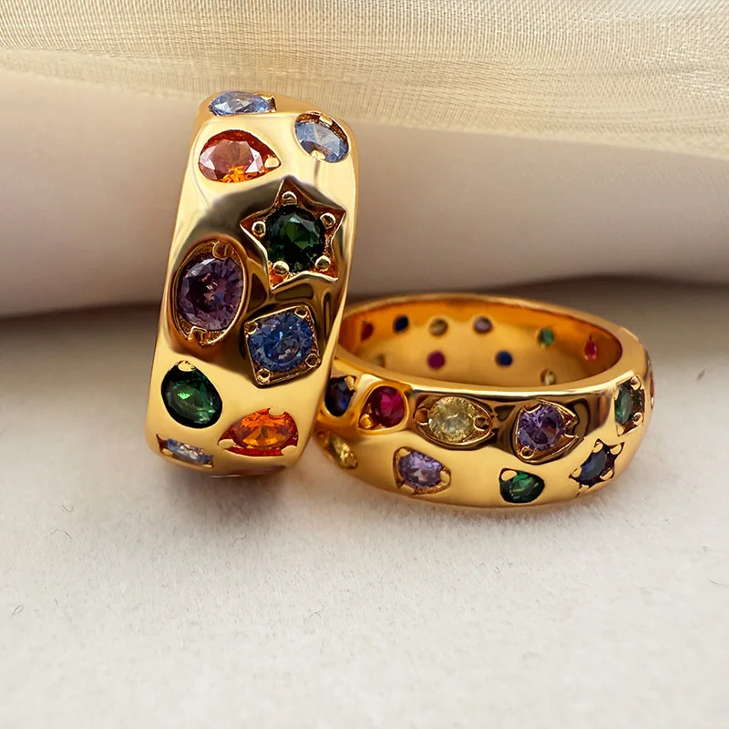 2026 New Inlaid Multicolor CZ Zircon Wide Band Ring For Women Retro European American INS Trendy Light Luxury Personality Finger