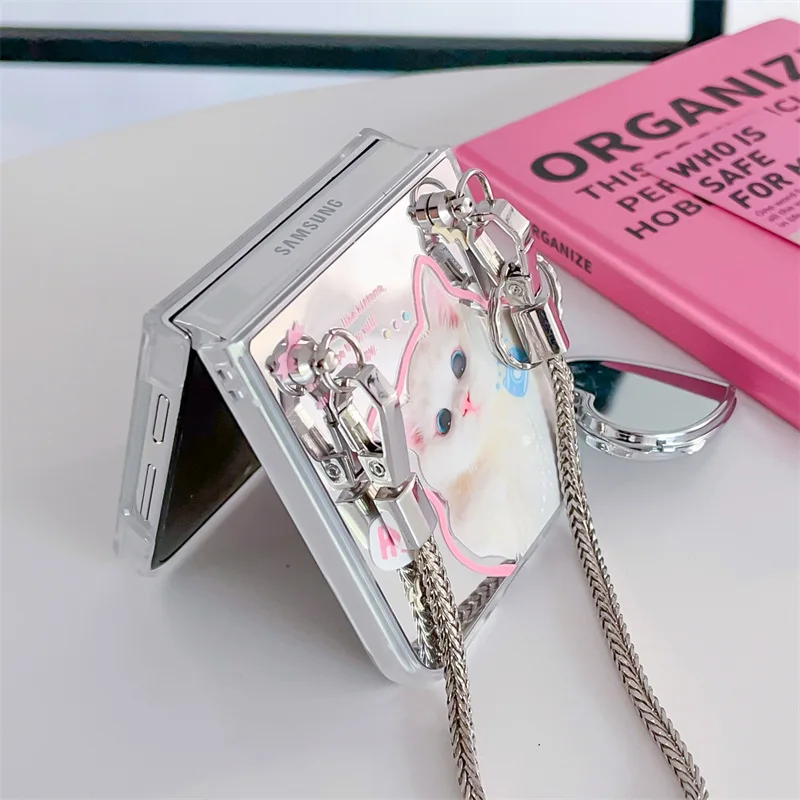 Cute Cat Mirror Surface Phone Case for Samsung Galaxy Z Flip 5 4 3 Protective Back Cover for ZFlip3 ZFlip4 ZFlip5 Case Shell