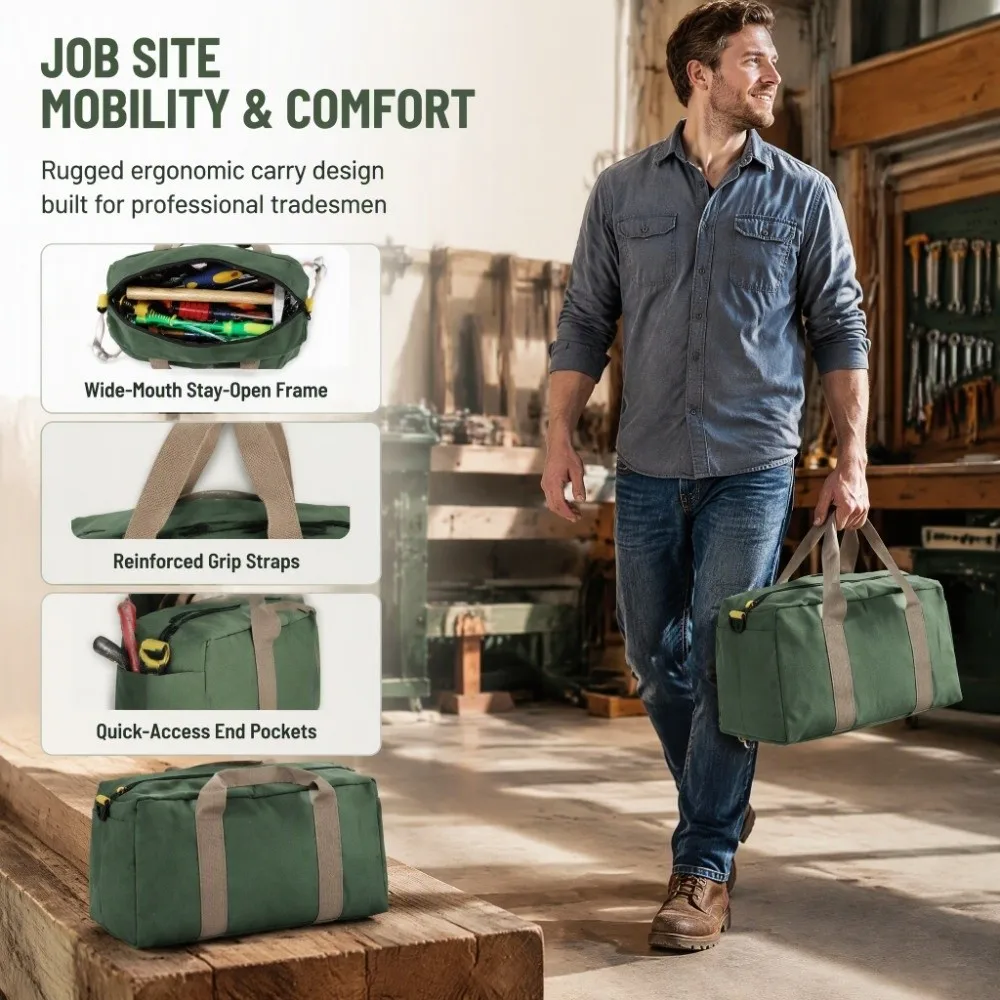 Durable Waterproof Hand Tool Bag Large Capacity Wide Mouth Tool Tote Bag Canvas Heavy Duty Tool Organizer Bag Carpentry