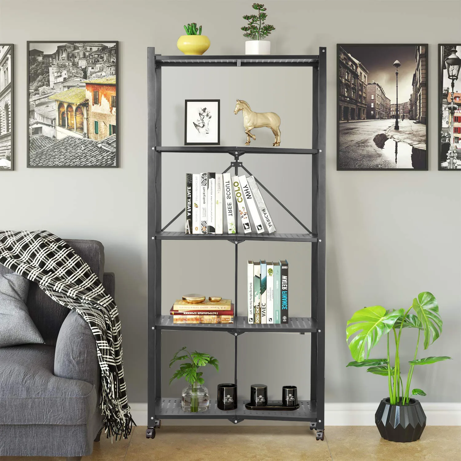 Étagères de Rangement Multifonctionnelles Pliables T1 à 5 Niveaux, Garde-Manger