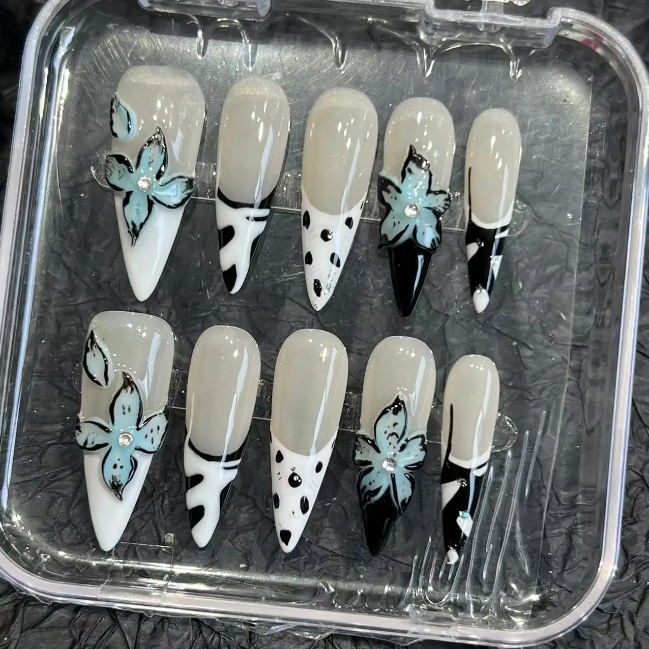 

10pcs Long Stiletto False Nails Handmade Press On Nails With 3D Flower Designs French Style Summer Wearable Fake Nail Tips