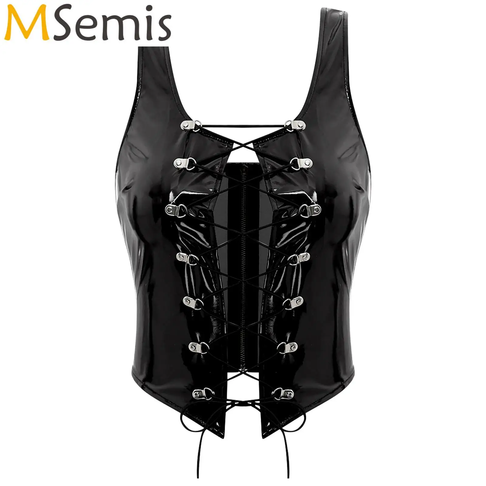 Womens Patent Leather Tank Tops Lace-up Zipper Irregular Hem Corset Vest Tops Back Camisole Music Festical Clothings Clubwear