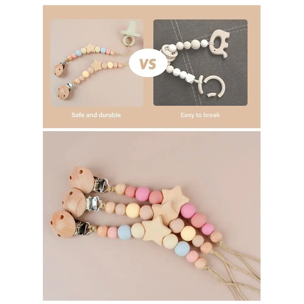 Dummy Clips Pacifier Holder Clips Star Soother Holder Baby Teether Toys Straps Nipple Holder Clips Wood Baby Pacifier Chain