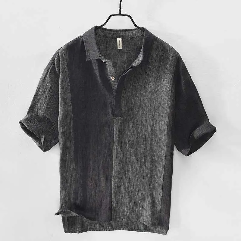 

JM075 Men's Linen Shirt Short Sleeve Vintage Style Korean Loose Fit Summer Casual Stripe Pattern Non-Shrinking Non-Fading
