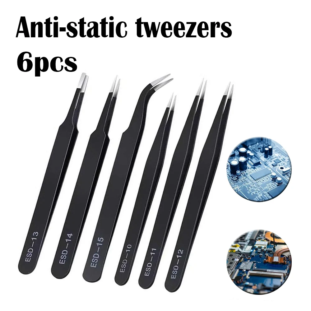 VETUS Anti Static Stainlesss Steel Tweezers Set6PC1.5mm Precision Curved Tips for Electronics Repair Watchmaking Craft Model DIY