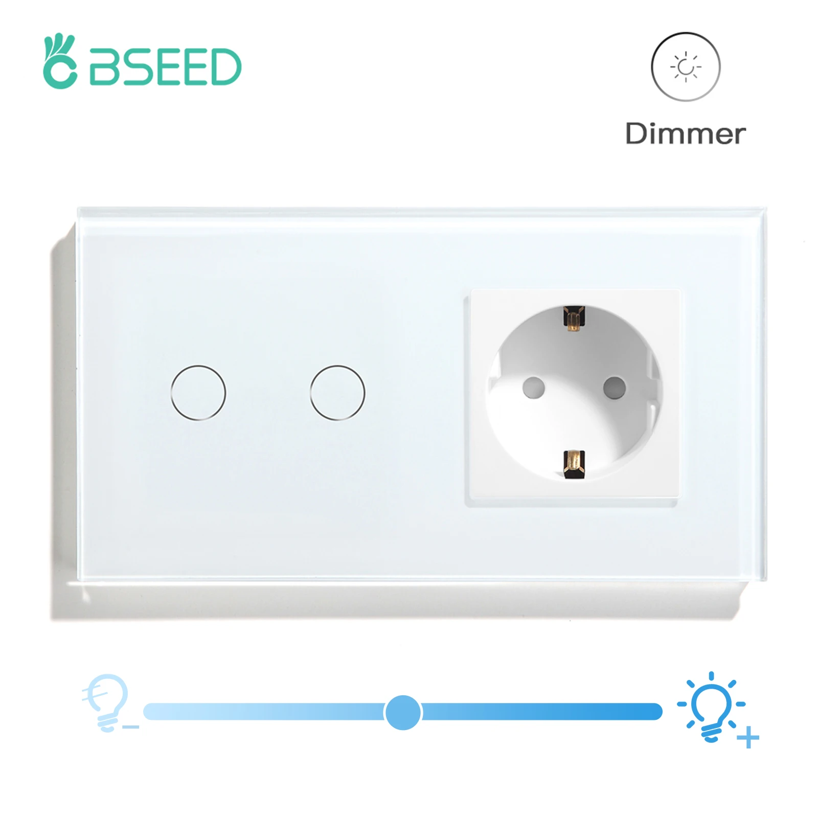 BSEED Touch Dimmer Switch 2Gang 1Way Led Wall Light Switches Plus EU Power Socket 16A Blue Backligt Crystal Glass