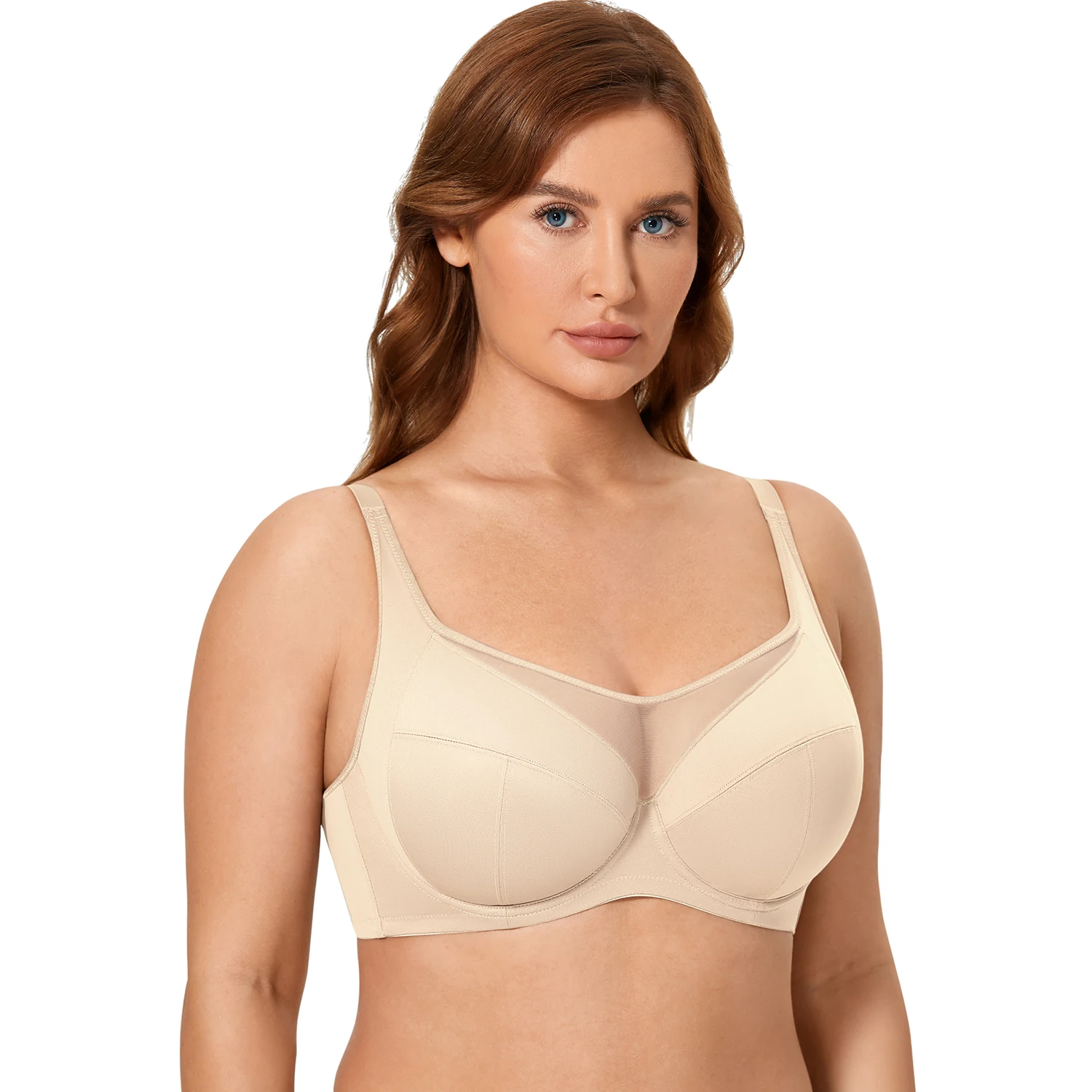 Damen-Push-up-BH mit vollständiger Abdeckung, Übergröße, durchsichtige Mesh-Spitze, ungefüttert, Bügel-Stütz-BHs für Damen-Dessous