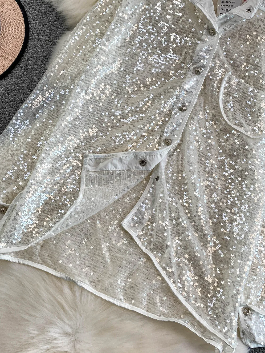 เสื้อคลุมกันแดดผู้หญิงทรงหลวมแบบมีกลิตเตอร์ แขนยาว โปร่งใส มองทะลุได้ คอตั้ง