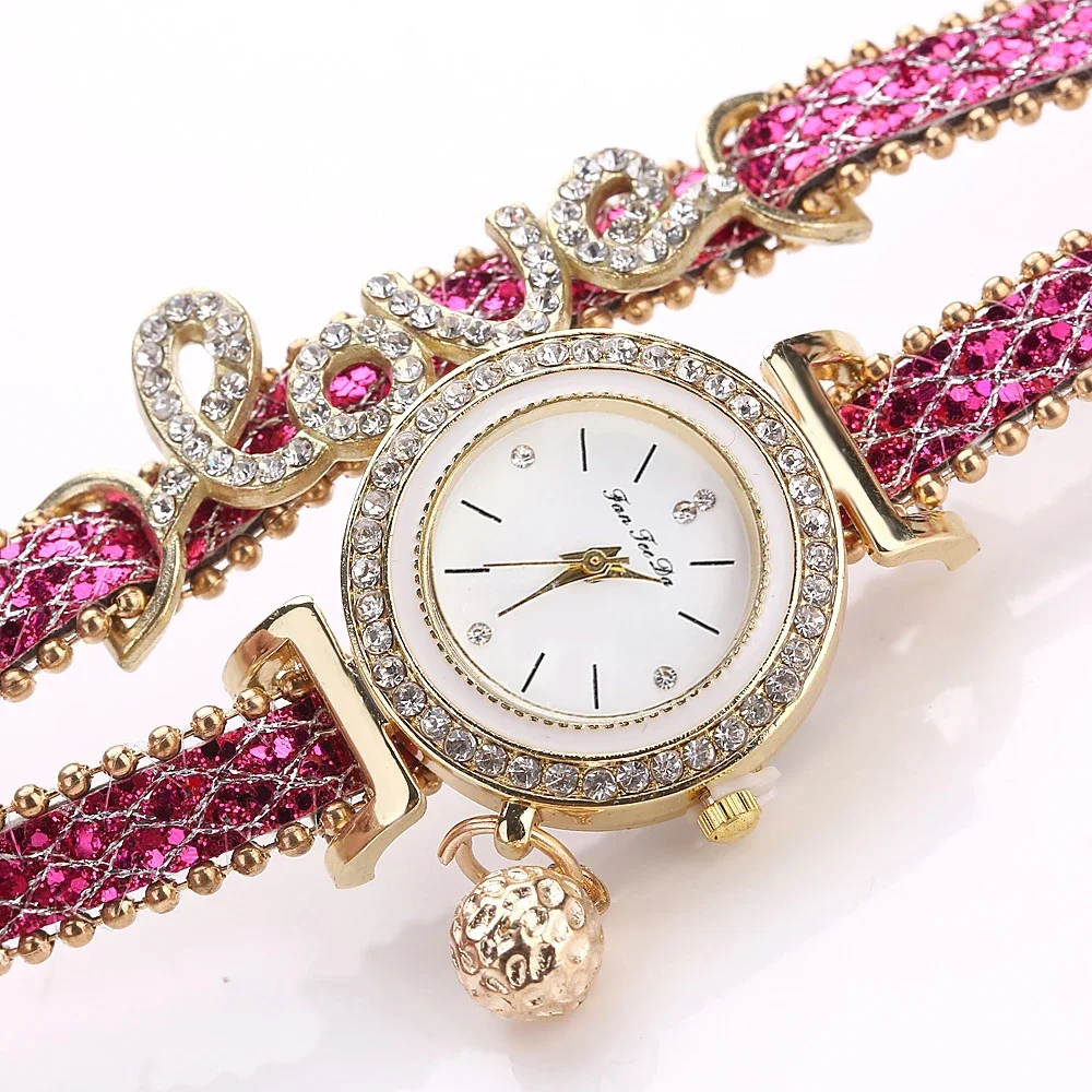 Hot Sale Fashion Love Style Rhinestone Wrap Leather Women Wrist Watch women watches luxury