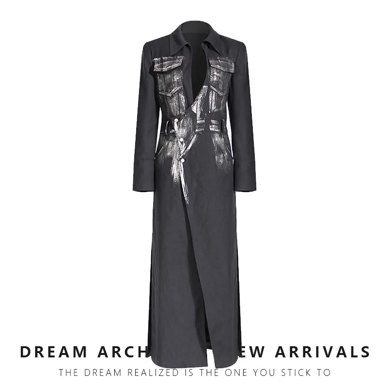 A Niche Design Trench Coat Handmade Metal Silver Brush Color Autumn Coat Rock Artist Style Long Suit Jacket New Arrival In Stock