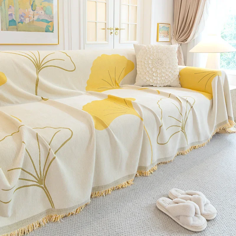 Pastoral Gingko Leaf Printed Tassel Sofa Towel All-Inclusive Sofa Cover for Four Seasons Dust-Proof Couch Slipcover for Home
