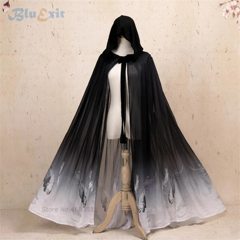 

Gradient Black Long Hooded Cape Hanfu Cloak Ethnic Crane Traditional Ink Painting Chinese Style Tang Dynasty Ancient Costume