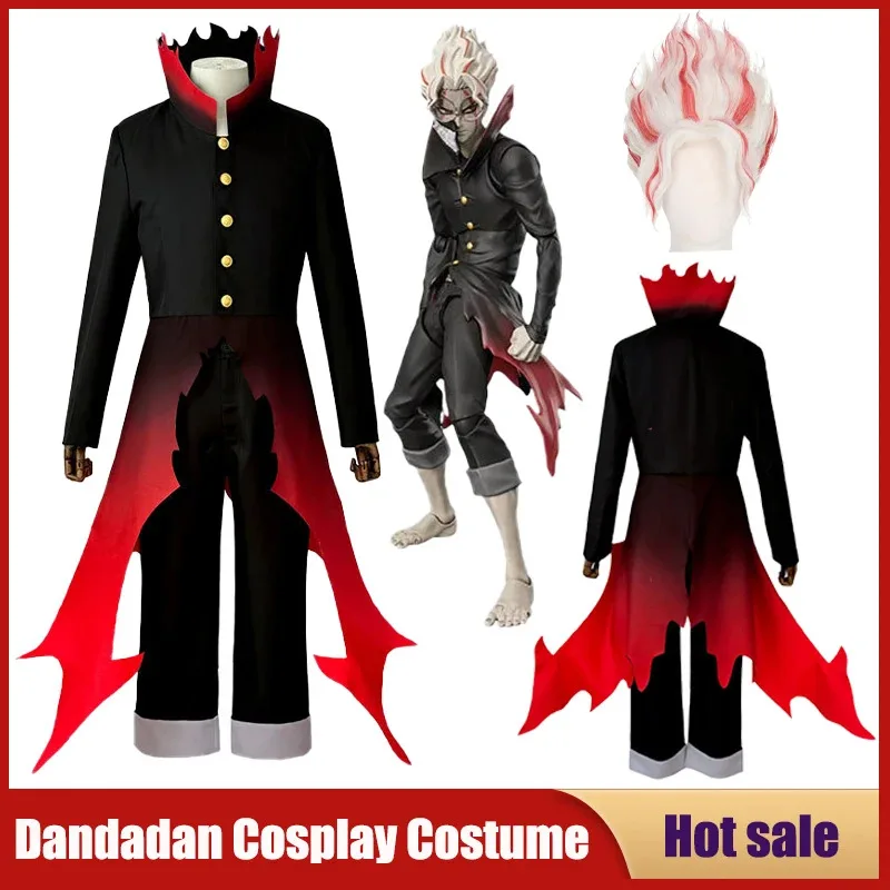 

Anime Dandadan Cosplay Ken Takakura Ken Okarun Costume High Necked Trench Coat Red Black Outfit Turbo Granny Mode Curly ShortWig