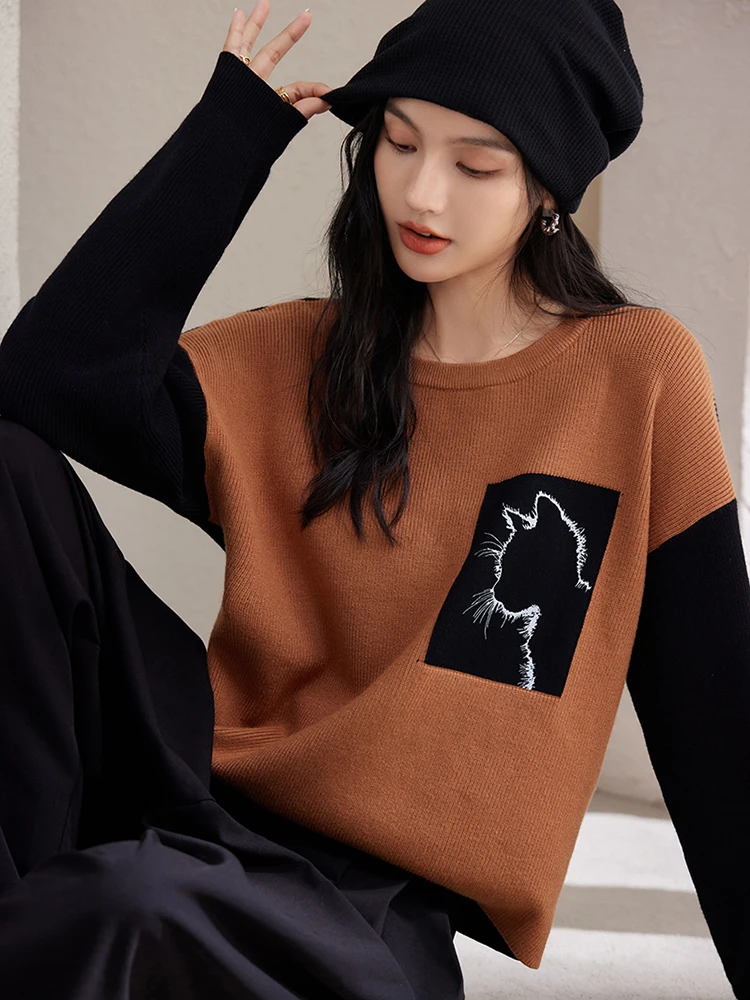 Autumn/Winter New Fashion Round Neck Contrast Color Sweater Loose Versatile Long Sleeve Pullover Knitted Sweater