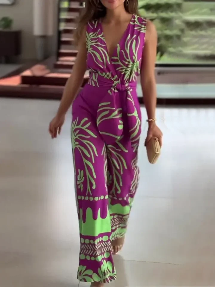 새로운 여름 패션 프린트 V넥 민소매 슬림 벨트 와이드 레그 점프수트 여성 의류 우아한 캐주얼 점프수트 여성복