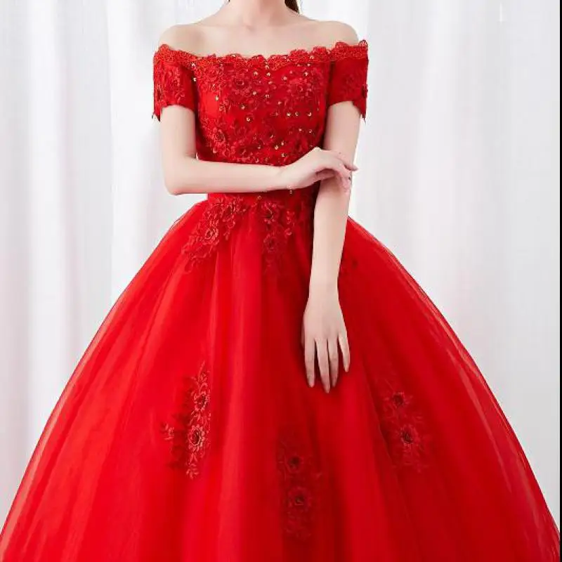 Vestido De quinceañera rojo clásico, elegante, hombros descubiertos, exquisito aplique De encaje, Vestido De Baile largo De talla grande