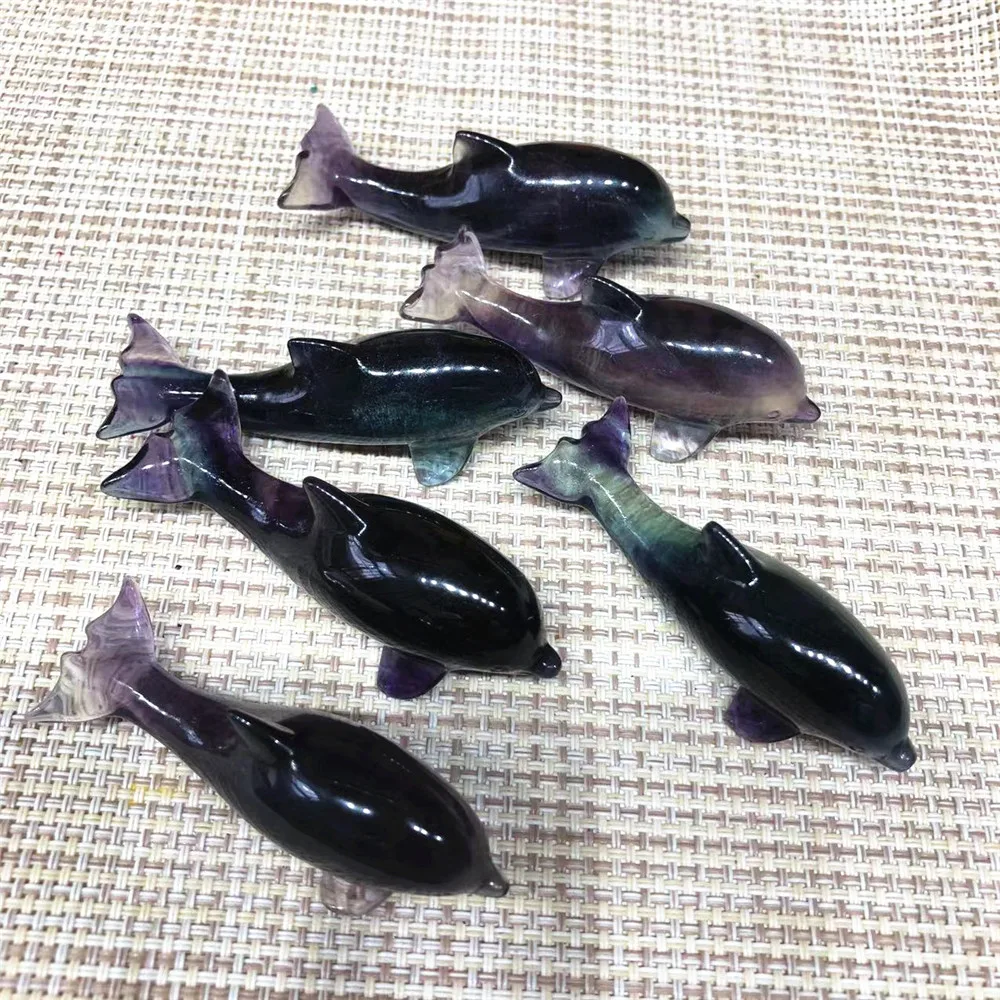 Cute Dolphin Natural Gems Color Fluorite Crystal Carved Reiki Healing Animal Dolphin Figurine Crafts For Home Room Decoration