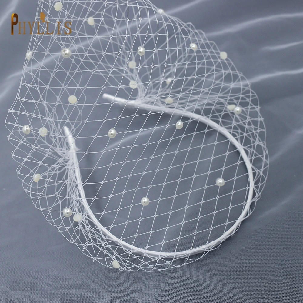 JM20 Witte Parel Birdcage Veil Met Hoofdband Gezicht Netto Masker Veils Charmant Tovenaar Blusher Sluier Russische Tulle Kooi Sluier